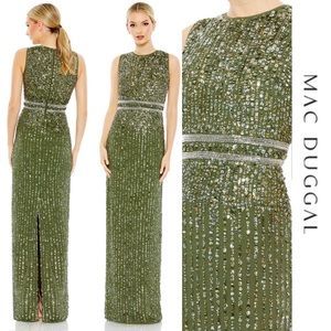 Mac Duggal - Sequined High Neck Sleeveless Column Gown - Olive Size 8